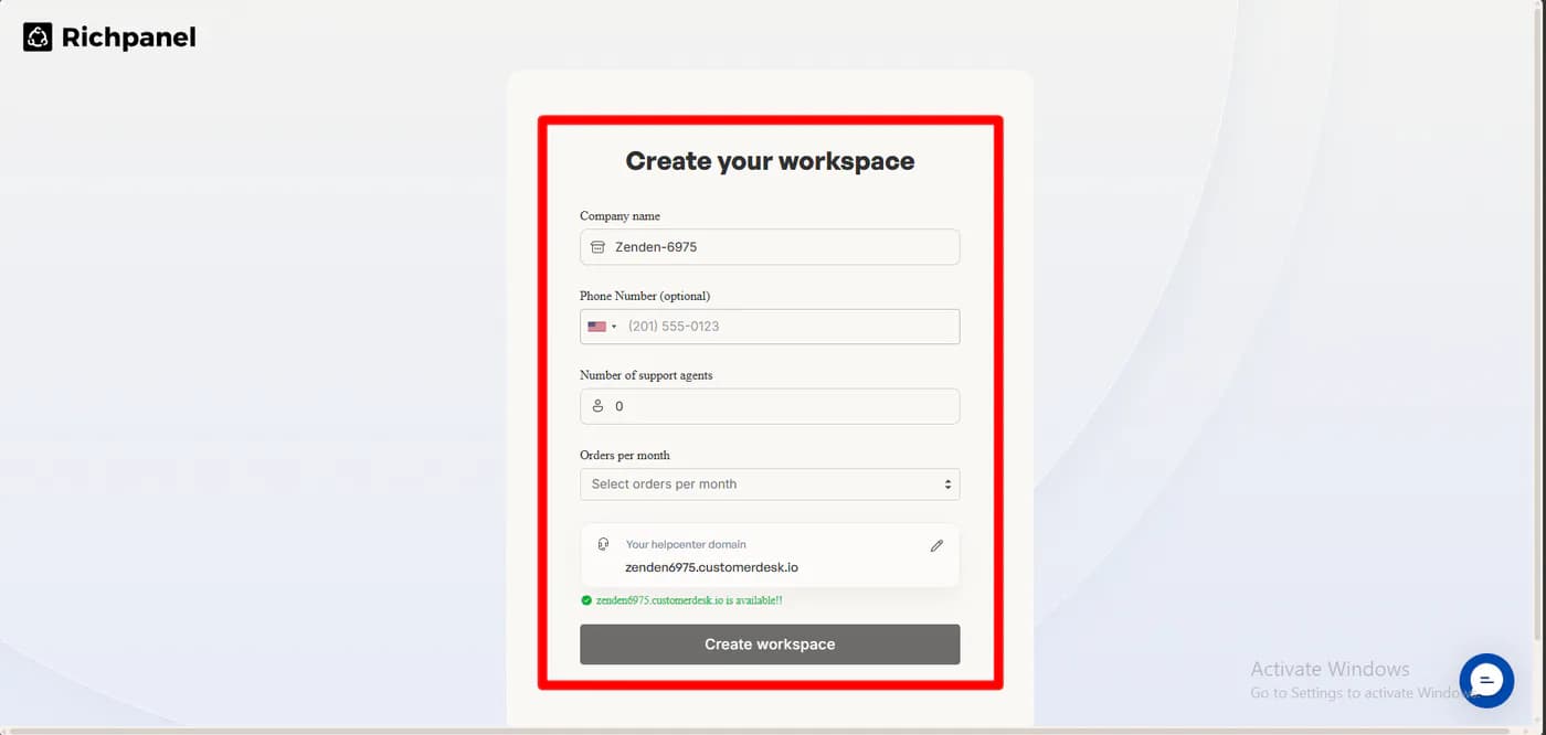 Richpanel create your workspace form with company name, optional phone number, number of support agents, orders per month, and an available help center domain on customerdesk.io
