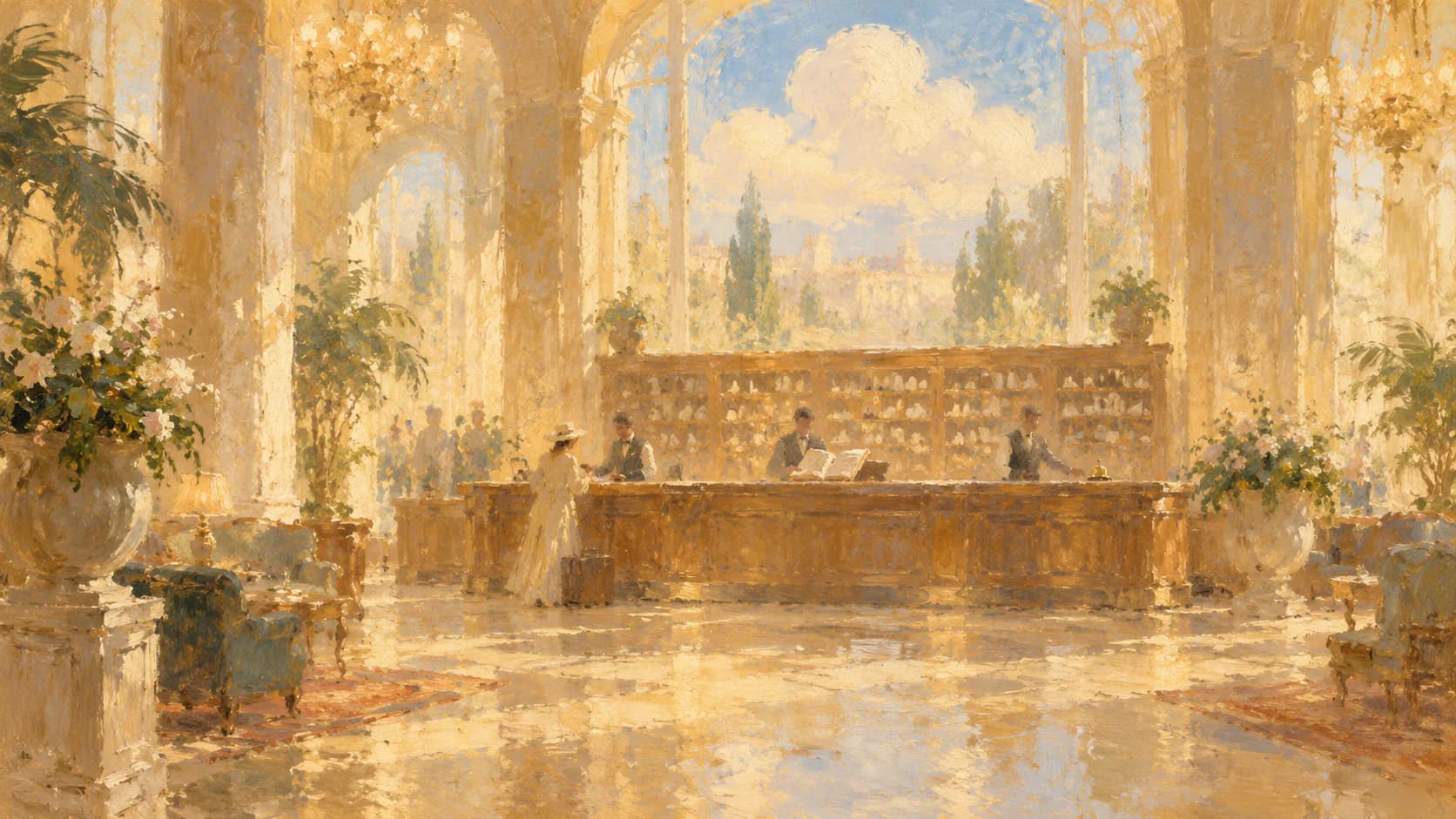 A hazy painterly grand hotel lobby where three attendants behind a long reception desk with a ledger and a brass bell serve a guest in a white dress and hat, beneath a tall window of soft clouds and cypress trees