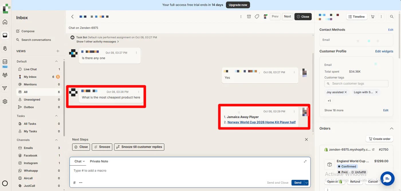 Richpanel inbox showing the chat with the task bot assignment note, the shopper's question and the team member's reply, and a customer profile with total spent, customer tags and a Shopify order with refund and cancel buttons
