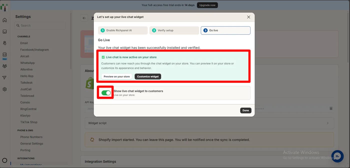 Richpanel live chat setup with three steps, enable Richpanel AI, verify setup and go live, showing that live chat is now active on the store and a toggle to show the widget to customers