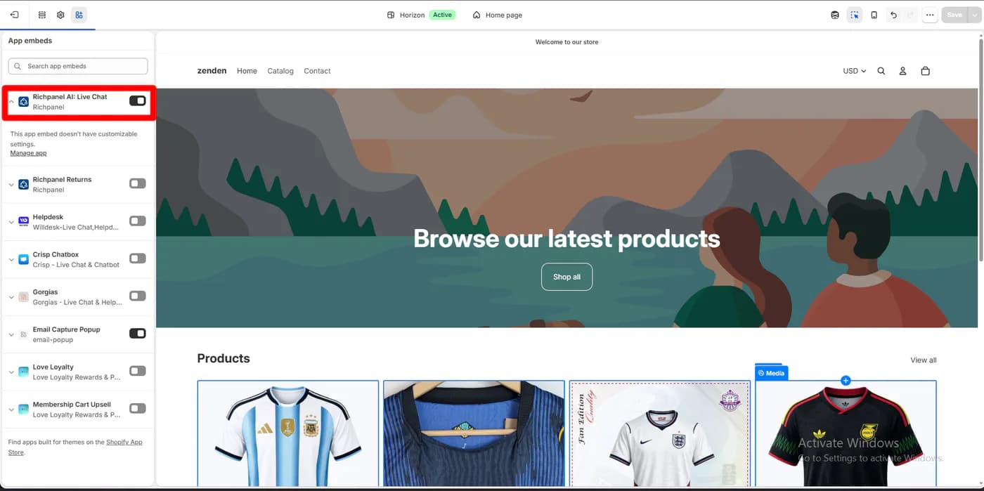Shopify theme editor showing the Richpanel AI live chat app embed switched on with no customizable settings, and a separate Richpanel Returns embed switched off