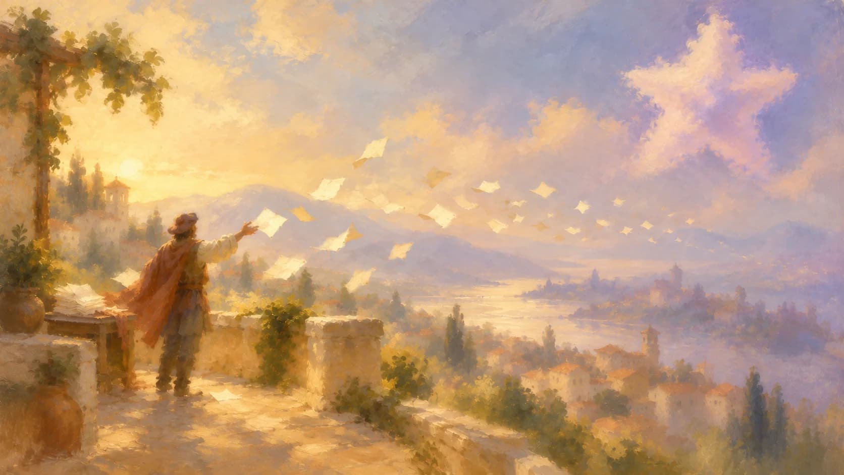 A painted merchant on a sunlit stone terrace releasing paper letters toward a hillside town and lake that fade into haze, beneath a soft lilac star-shaped cloud