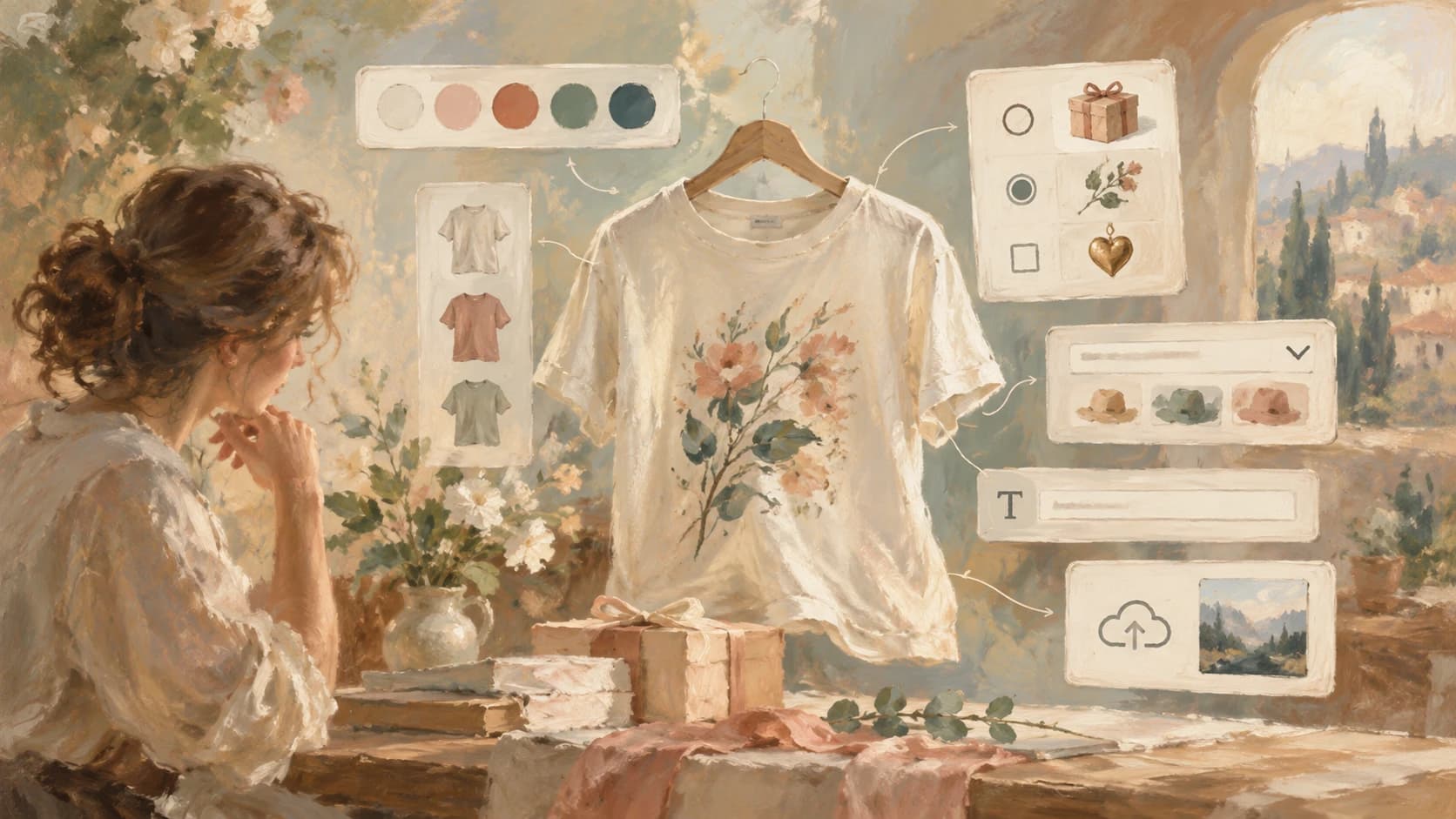 An impressionist painting of a woman at a sunlit table looking at a cream floral T-shirt on a hanger, surrounded by floating panels of color swatches, shirt styles, gift add-ons, a dropdown, a text field, and an image upload, with a hillside village through an arched window.