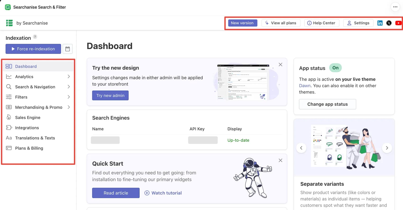 Searchanise dashboard showing the main menu, indexation controls, and app status set to On for the live theme