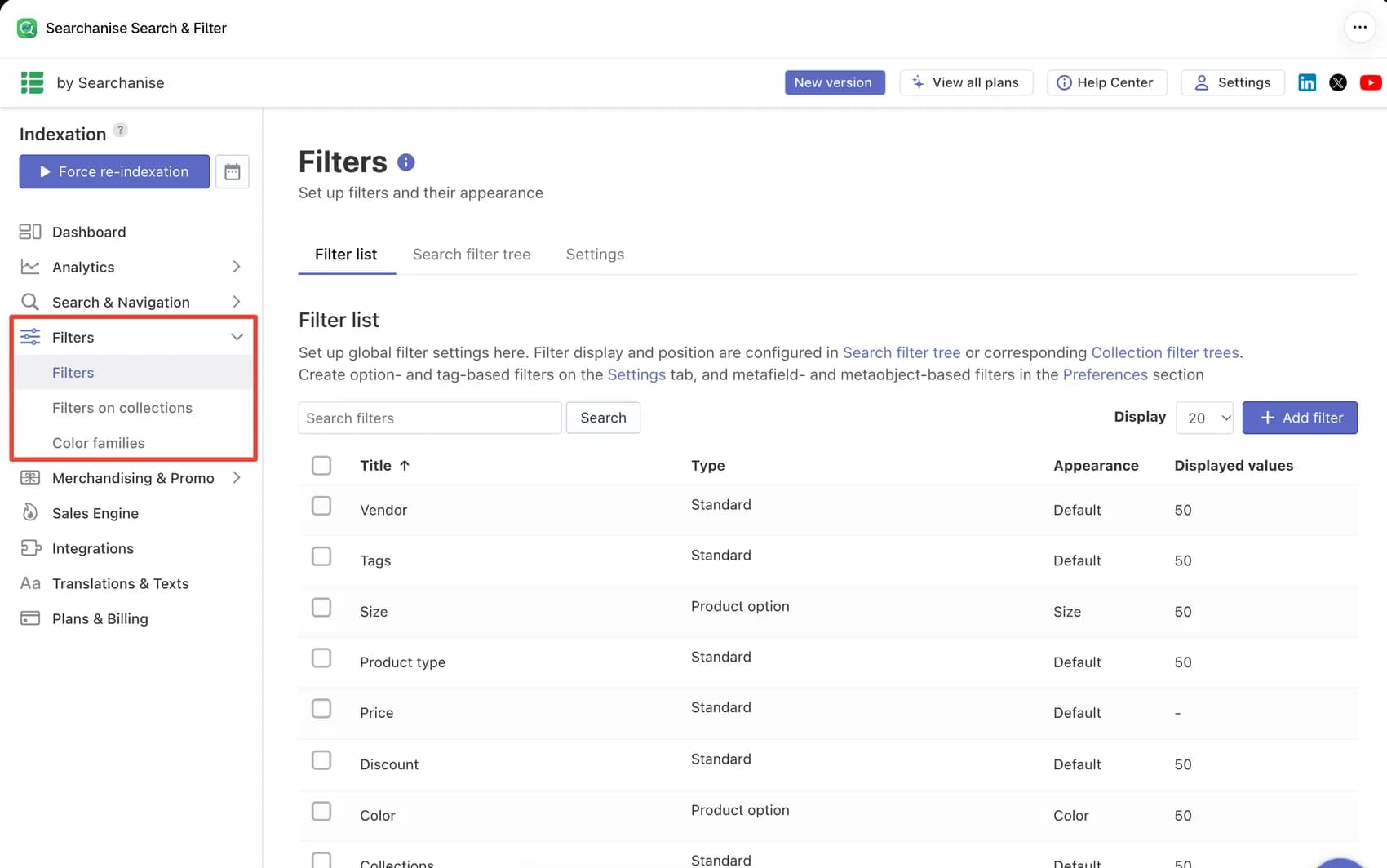 Searchanise filter list showing default filters for vendor, tags, size, product type, price, discount, color, collections, and availability