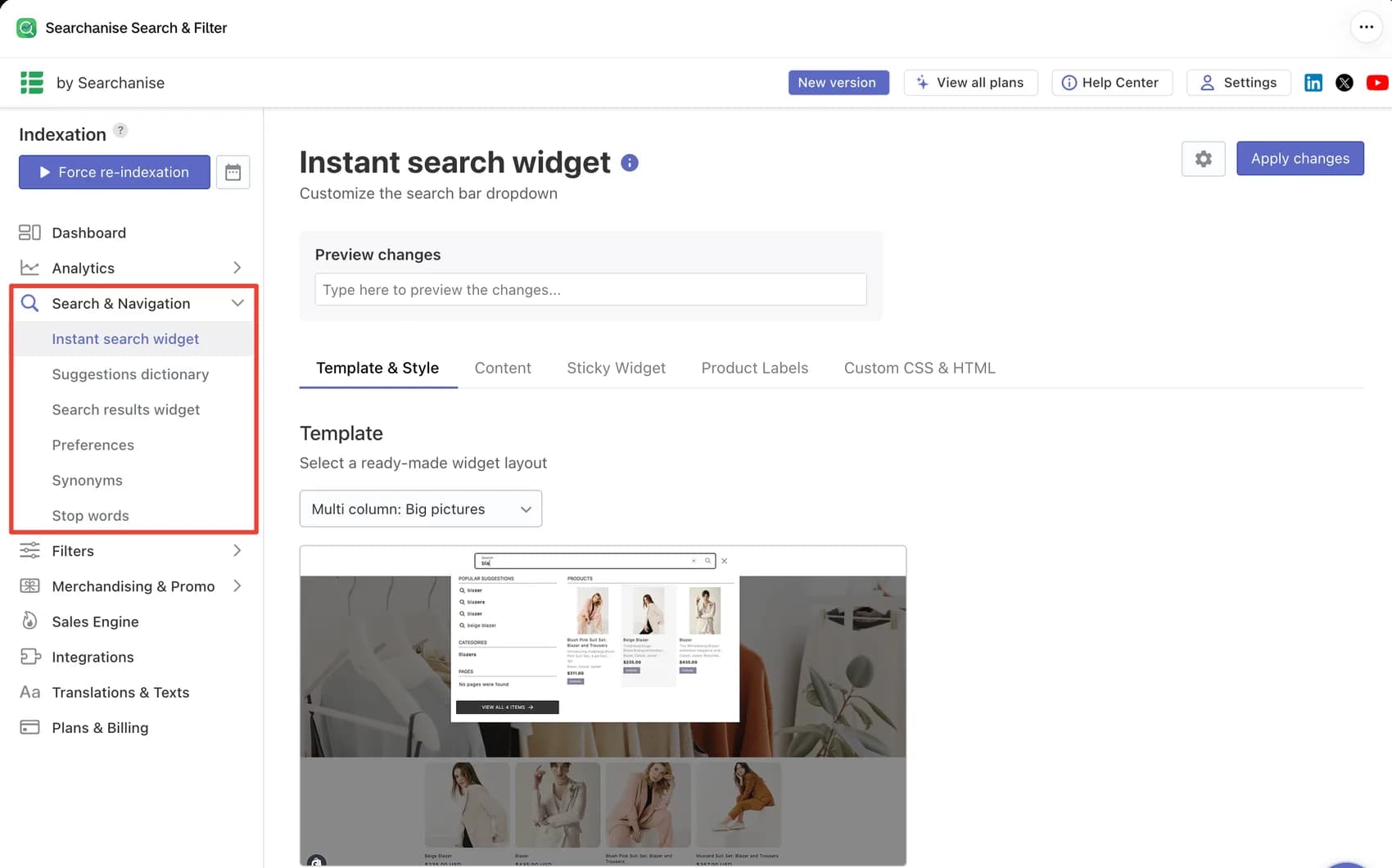 Searchanise instant search widget settings with a live preview box, template selector, and style tabs