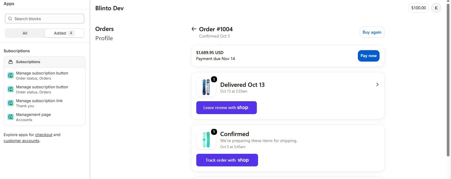 Shopify checkout and accounts editor with the Apps panel showing four Subscriptions blocks added: two Manage subscription buttons for Order status and Orders, a Manage subscription link for the Thank you page and a Management page for Accounts, beside a customer account order page preview for the Blinto Dev store