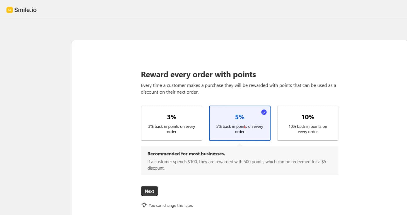 Smile.io onboarding screen with 3, 5, and 10 percent points reward options