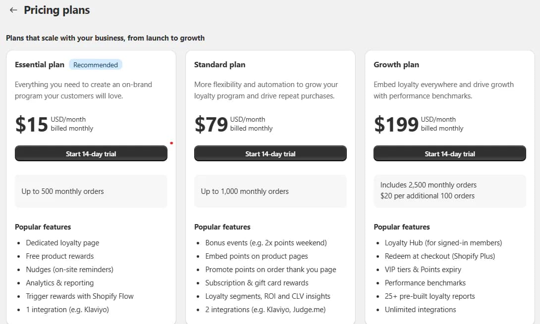 Smile.io Essential, Standard, and Growth pricing plans shown in September 2026