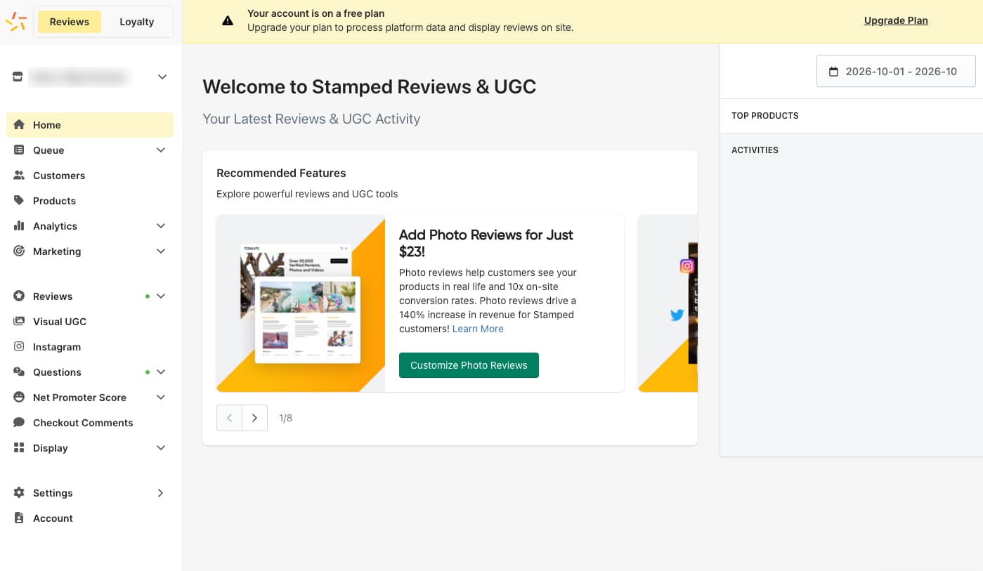 Stamped Reviews & UGC home dashboard on the free plan, with an upgrade banner at the top, a Reviews and Loyalty switch, the full admin menu, and a Recommended Features carousel