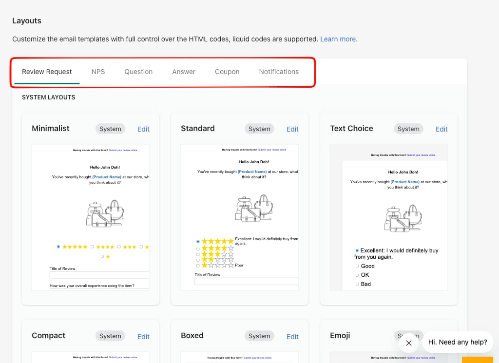 Stamped Reviews Emails Layouts screen with tabs for Review Request, NPS, Question, Answer, Coupon, and Notifications, and system layouts including Minimalist, Standard, Text Choice, Compact, Boxed, and Emoji