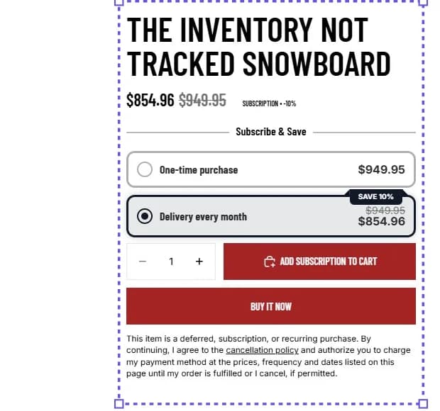 Supr Subscribe & Save widget on a live product page, showing One-time purchase at $949.95 and Delivery every month at $854.96 with a Save 10% badge, an Add subscription to cart button and recurring purchase consent text
