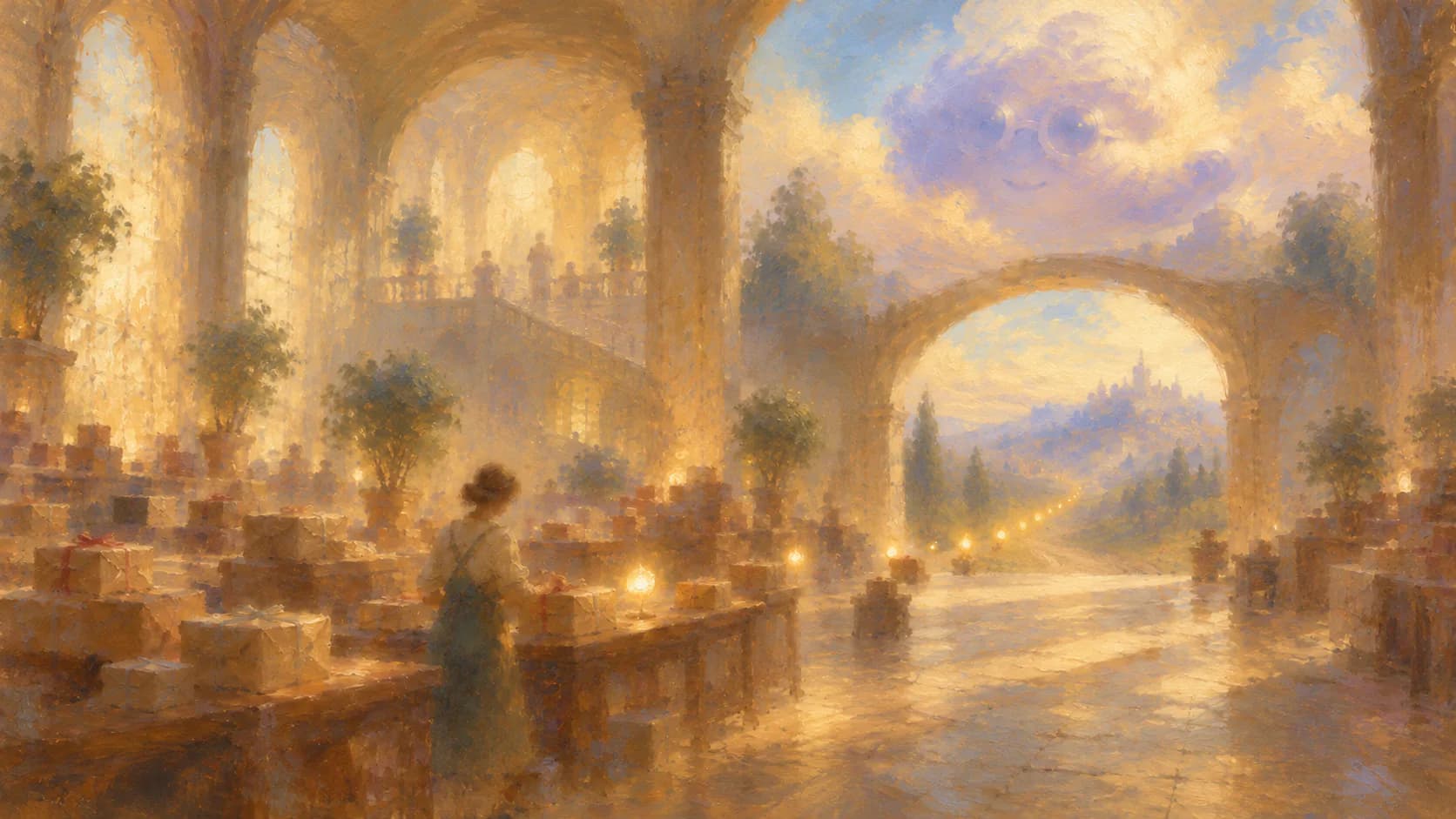 A hazy painterly parcel hall in warm afternoon light, where a woman in an apron wraps parcels at a long table while small glowing lights drift along a path through a wide stone archway toward a distant hilltop town, beneath a soft lavender cloud with round glasses and a smile