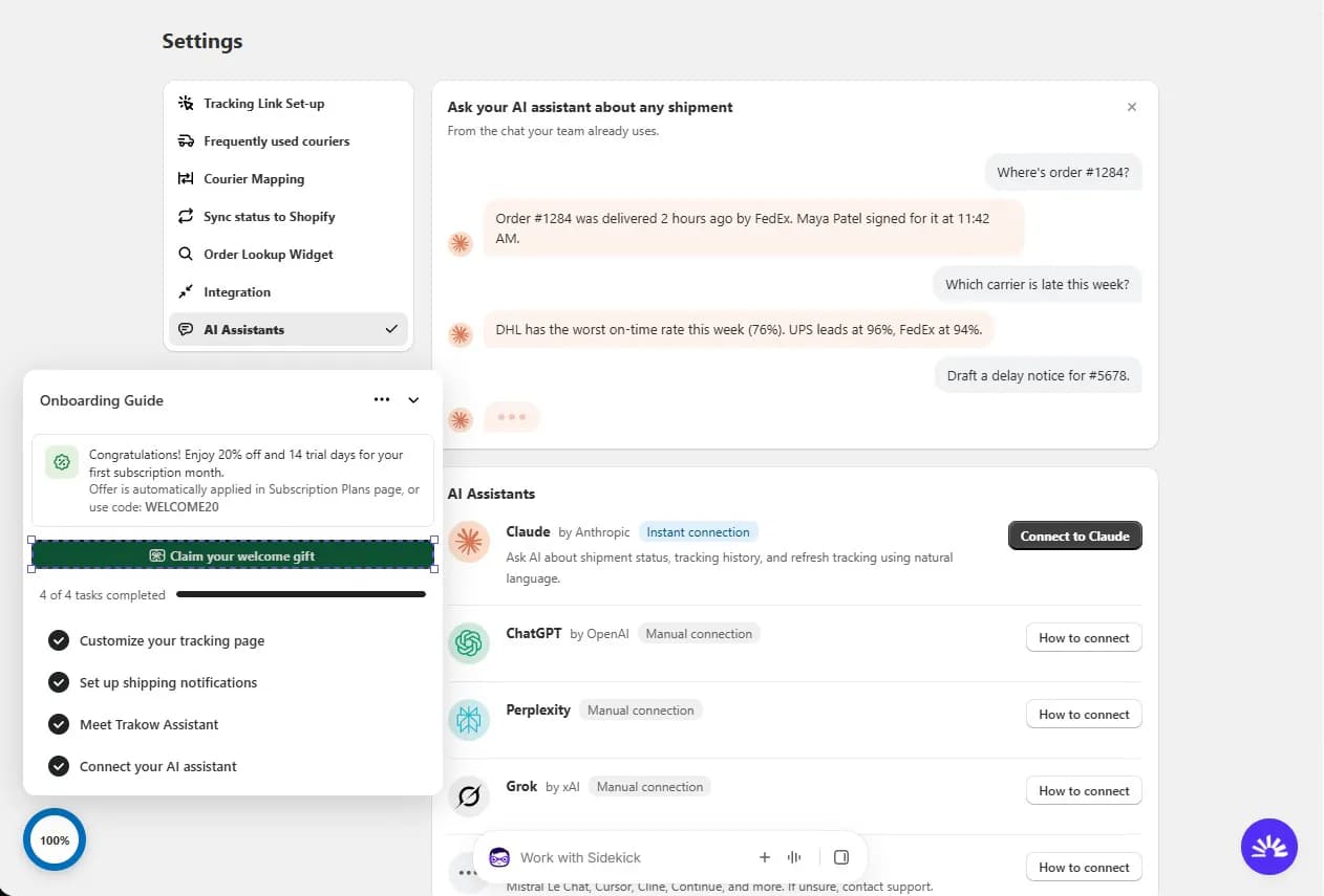 Synctrack Settings with menu items for Tracking Link Set-up, Frequently used couriers, Courier Mapping, Sync status to Shopify, Order Lookup Widget, Integration and AI Assistants, with Claude marked as instant connection and ChatGPT, Perplexity and Grok as manual connections