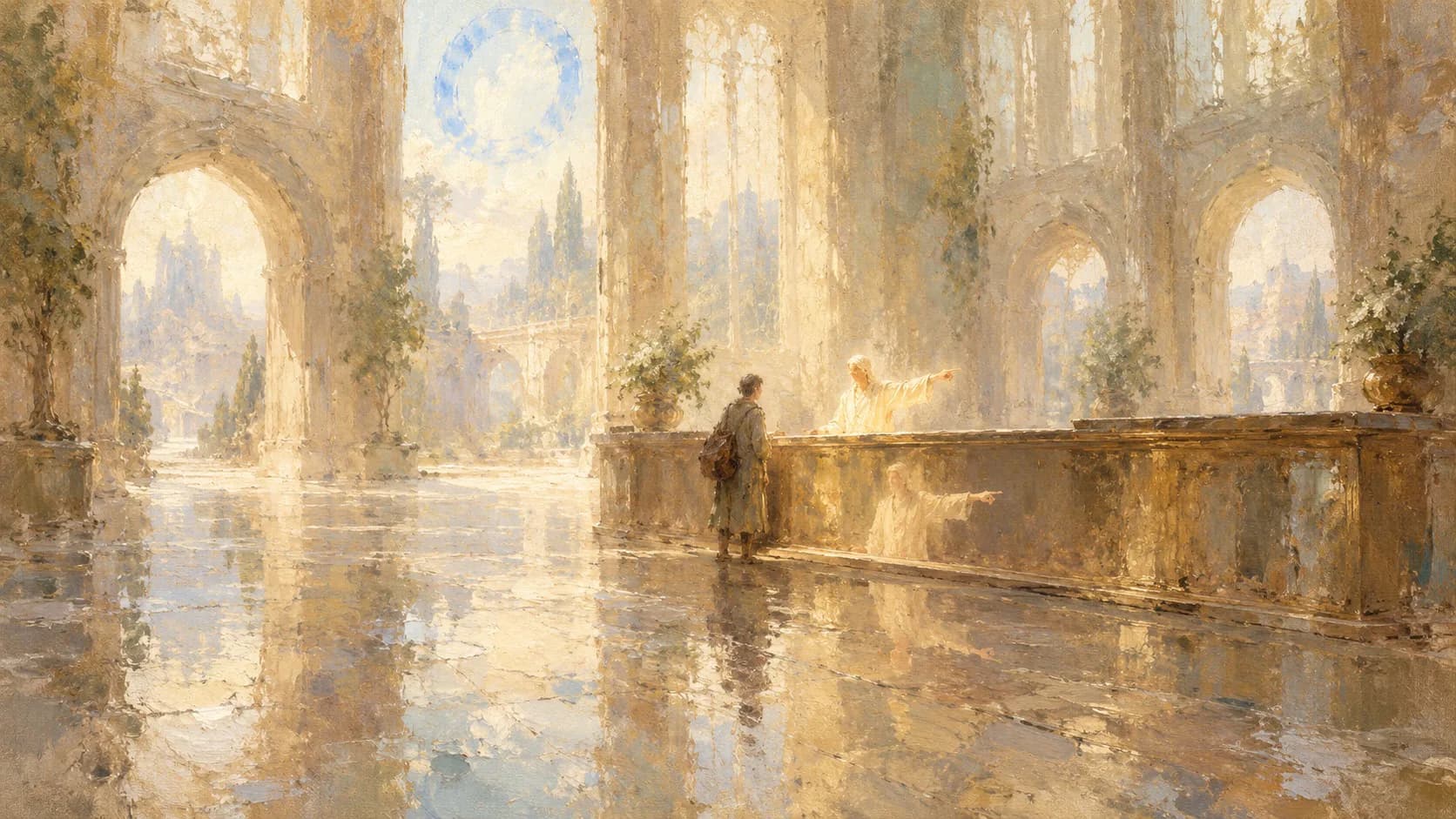 A hazy painterly traveller at a long counter in a sunlit colonnaded hall, where a pale attendant points toward the distant archways while a reflected figure below points a different way, beneath a soft blue ring-shaped emblem in the sky