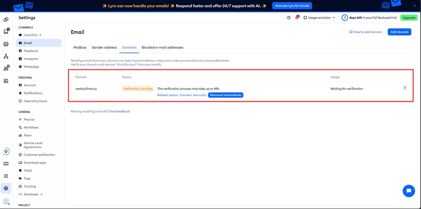 Tidio email domains screen showing a store domain with verification pending and a note that verification can take up to 48 hours