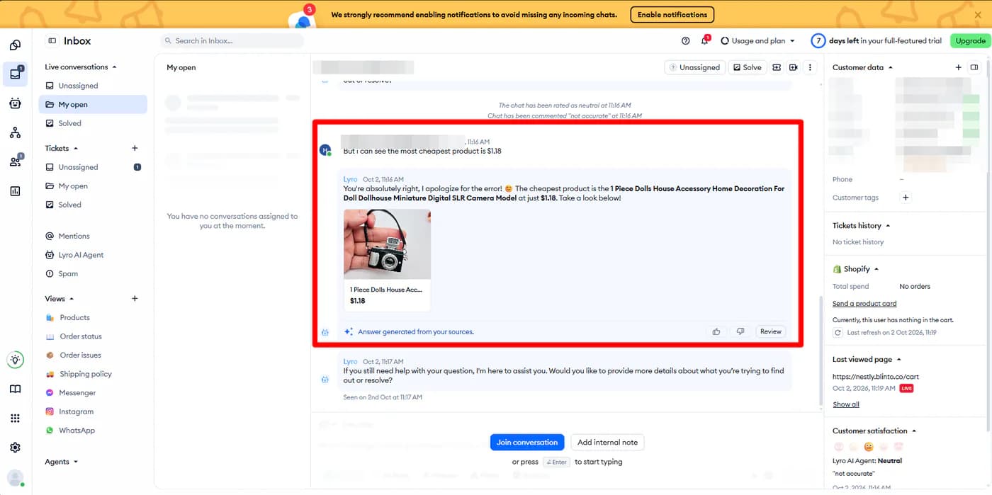 Tidio inbox showing the corrected Lyro exchange, the neutral chat rating with a not accurate comment, and the customer data panel