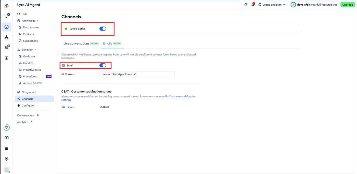 Tidio Lyro AI agent channels screen showing live conversations and emails both active with a connected mailbox