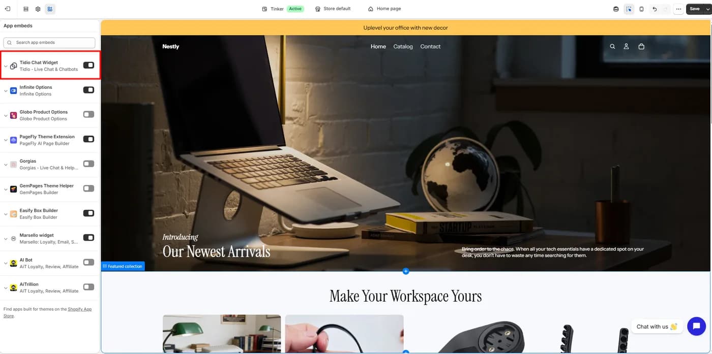 Shopify theme editor app embeds list with the Tidio Chat Widget toggle enabled and the chat launcher visible on the storefront preview