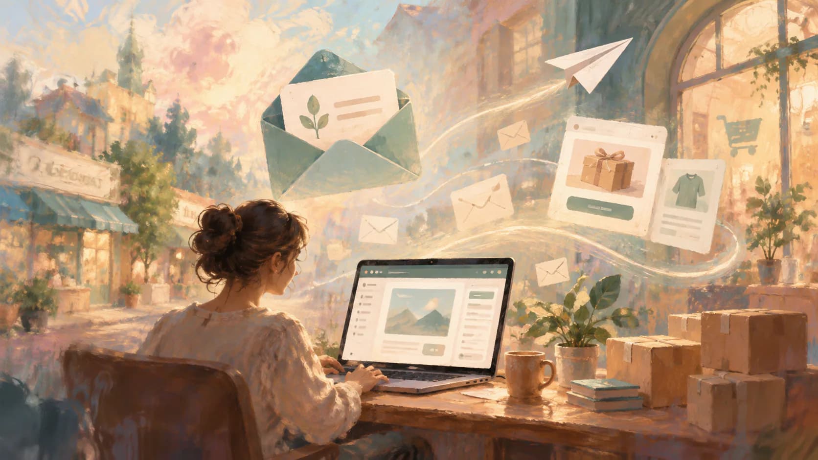 An impressionist painting of a shop owner at a laptop as envelopes, a paper plane and product cards drift out toward a sunlit street of small shops.