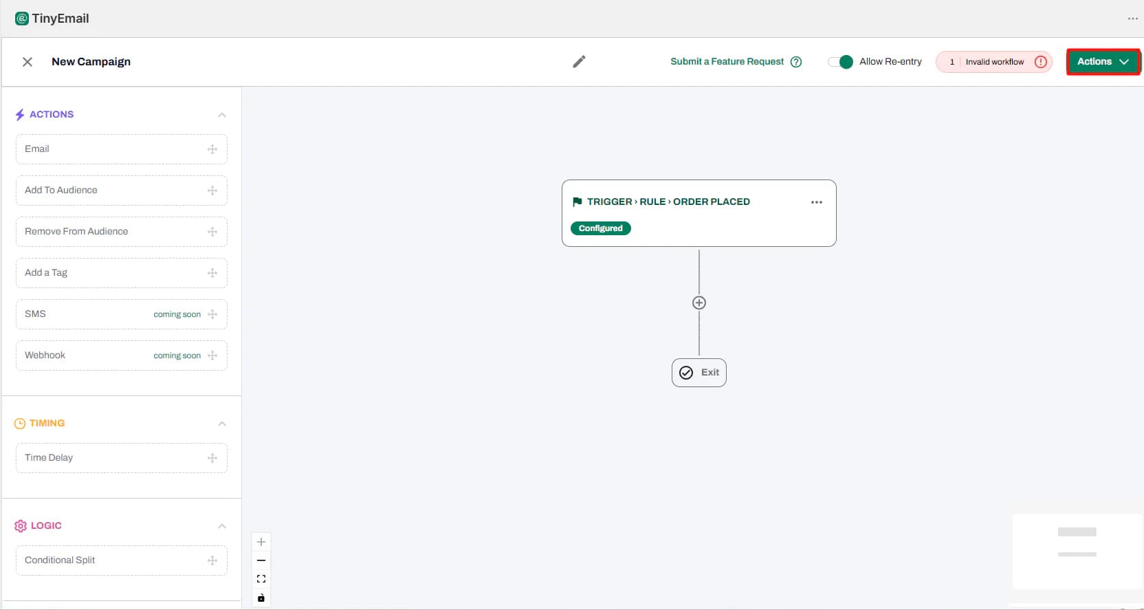 tinyEmail workflow builder with an Order Placed trigger, an Actions panel listing Email, Add To Audience, Remove From Audience, Add a Tag, and SMS and Webhook marked coming soon
