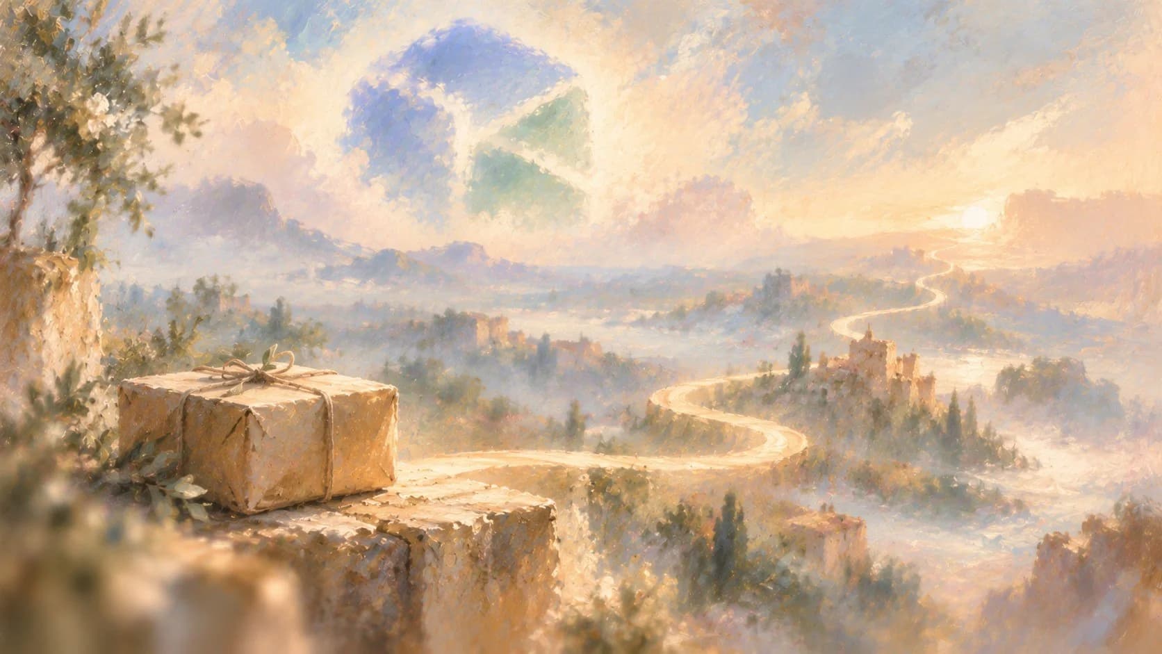 An impressionist painting of a twine-tied parcel on a stone ledge above a winding golden road that crosses misty hills and hilltop villages toward a rising sun, under a soft cube shape in the clouds.