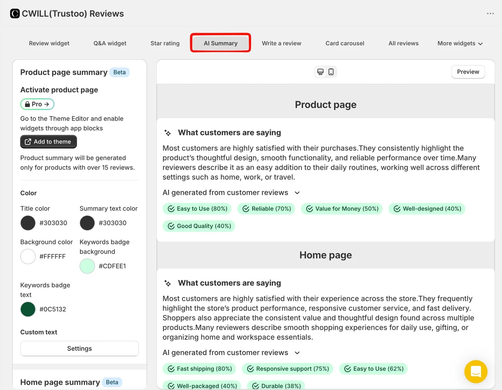 The AI Summary editor with a Pro lock on the product page summary, a note that summaries are generated only for products with over 15 reviews, colour settings, and a preview of a What customers are saying paragraph with keyword badges