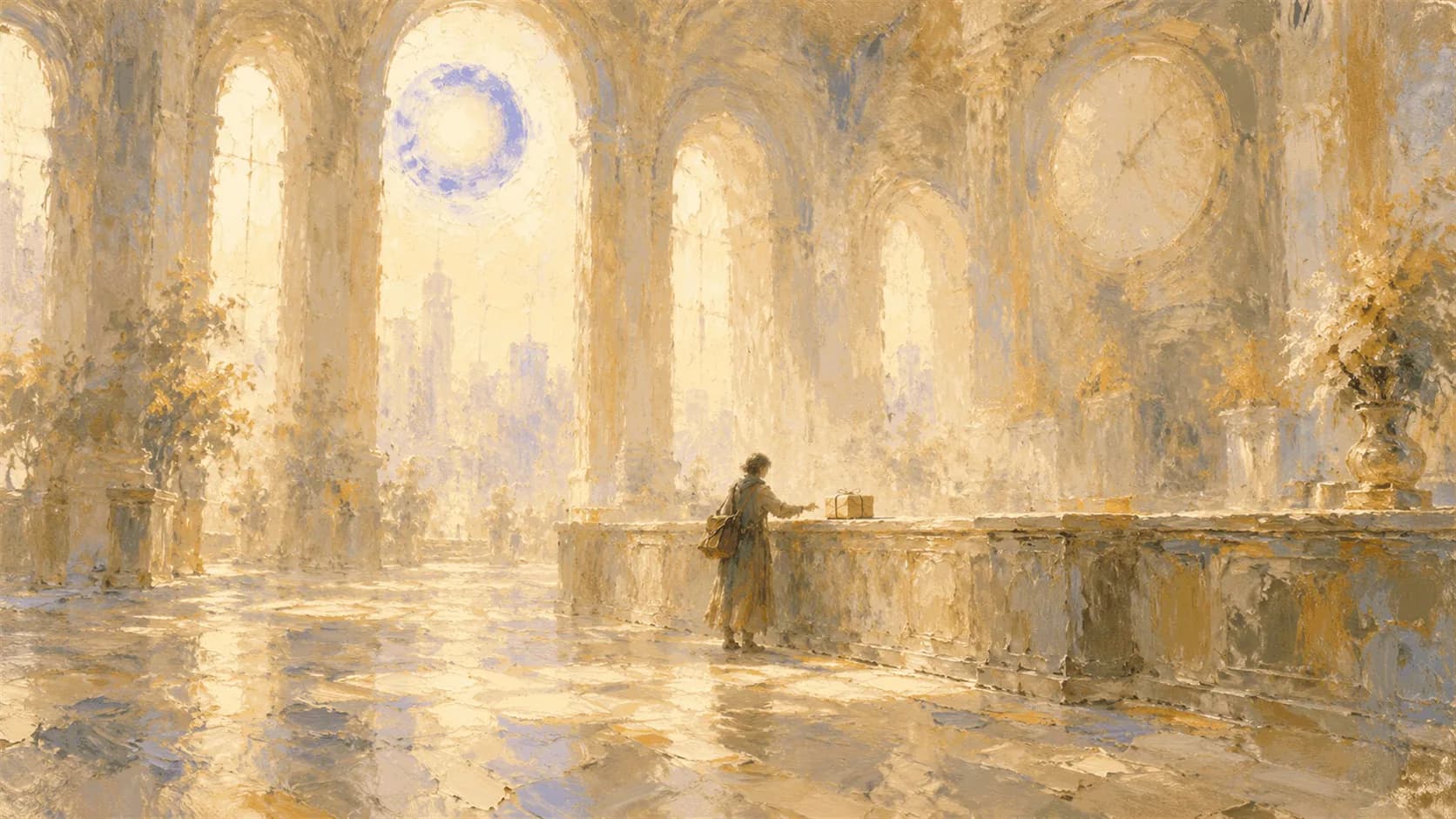 A hazy painterly traveller reaching for a small wrapped parcel left waiting on a long unattended counter in a sunlit arched hall, with a pale clock face dissolving into the haze on the far wall and a soft indigo ring of light in a high window