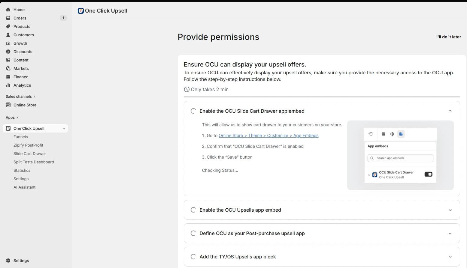 Zipify OneClickUpsell setup checklist showing the Shopify permissions and app embeds required before launch