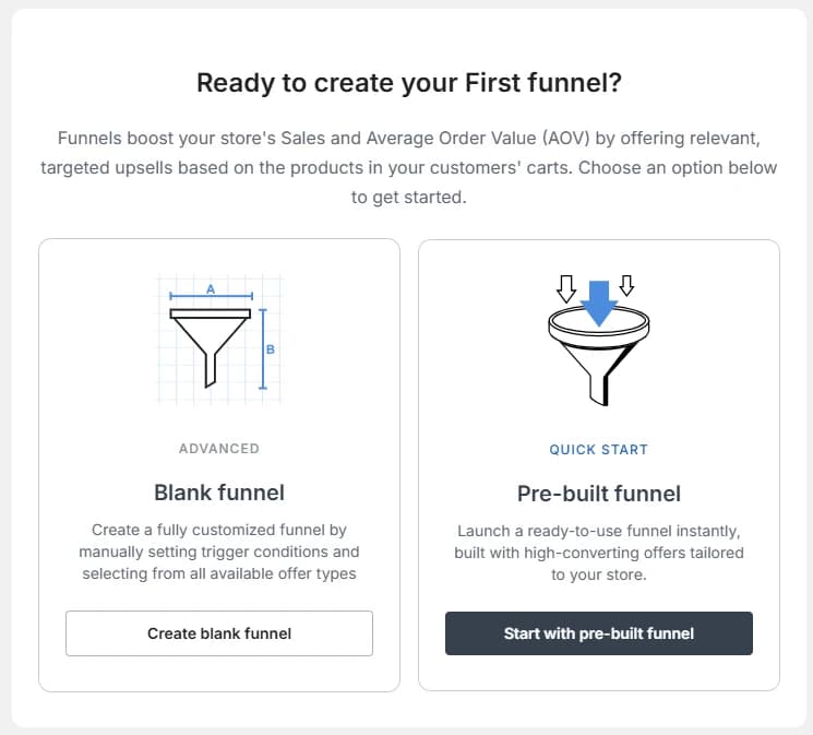 Zipify OneClickUpsell first-funnel screen with Advanced and Quick Start setup choices