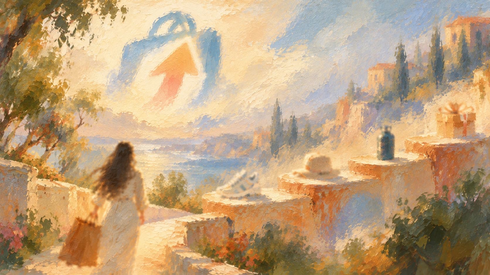 A soft impressionist oil painting of a shopper following an upsell journey beneath a blurred Zipify-inspired sky emblem
