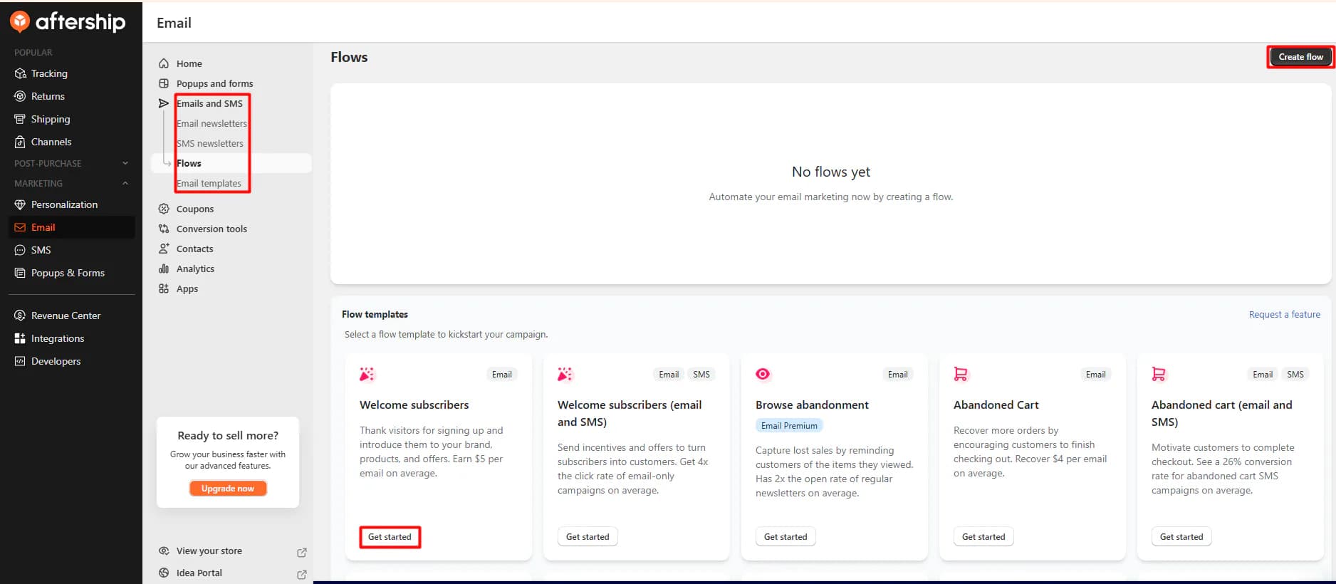 AfterShip Email Flows page under Emails and SMS showing templates for welcome subscribers, browse abandonment with an Email Premium label, and abandoned cart