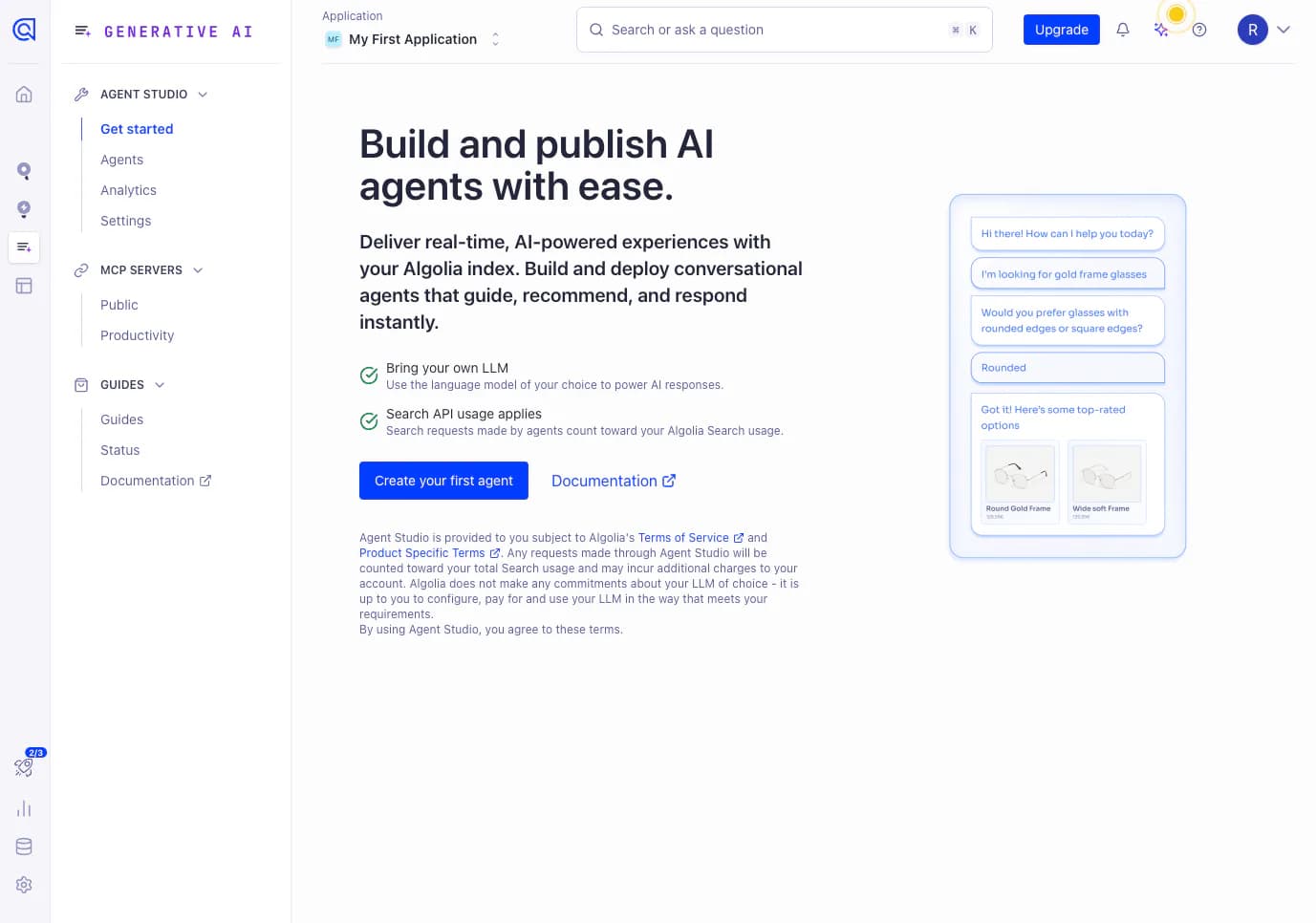 Algolia Generative AI Agent Studio page with Get started, Agents, Analytics and Settings in the side menu, a Bring your own LLM note, a note that agent search requests count toward Algolia Search usage, and terms saying the merchant configures and pays for their chosen language model