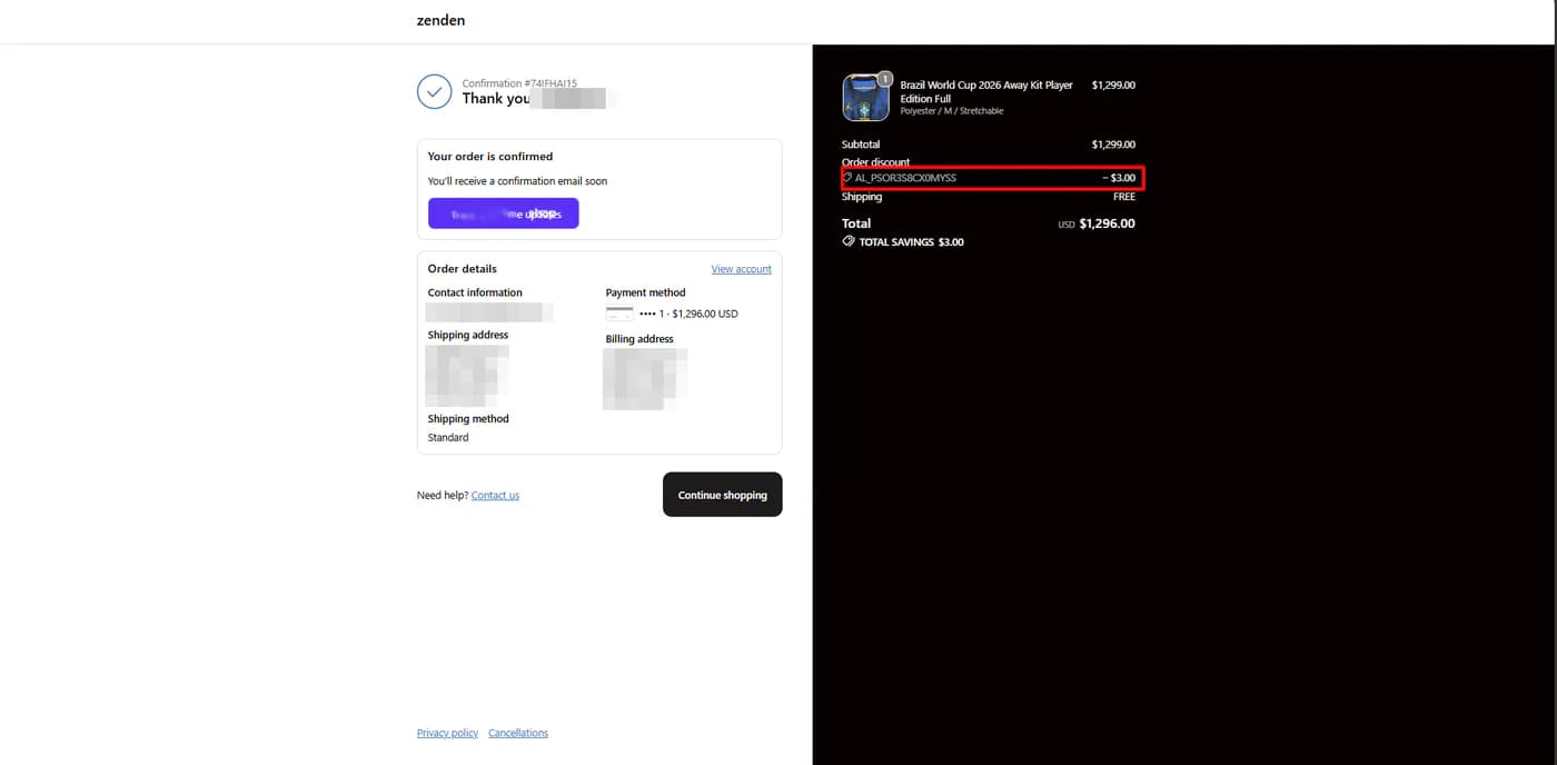 Shopify order confirmation showing an Appstle Loyalty coupon applied as a 3 dollar order discount with total savings of 3 dollars on a 1,299 dollar order