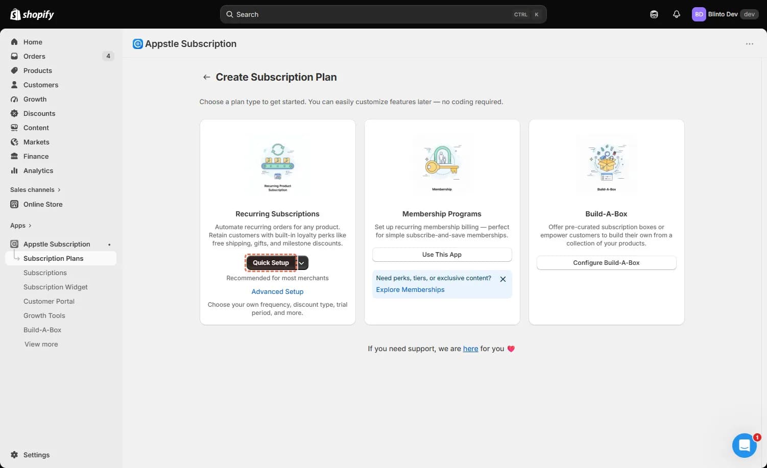 Appstle plan chooser presenting recurring subscriptions, memberships, and Build-A-Box