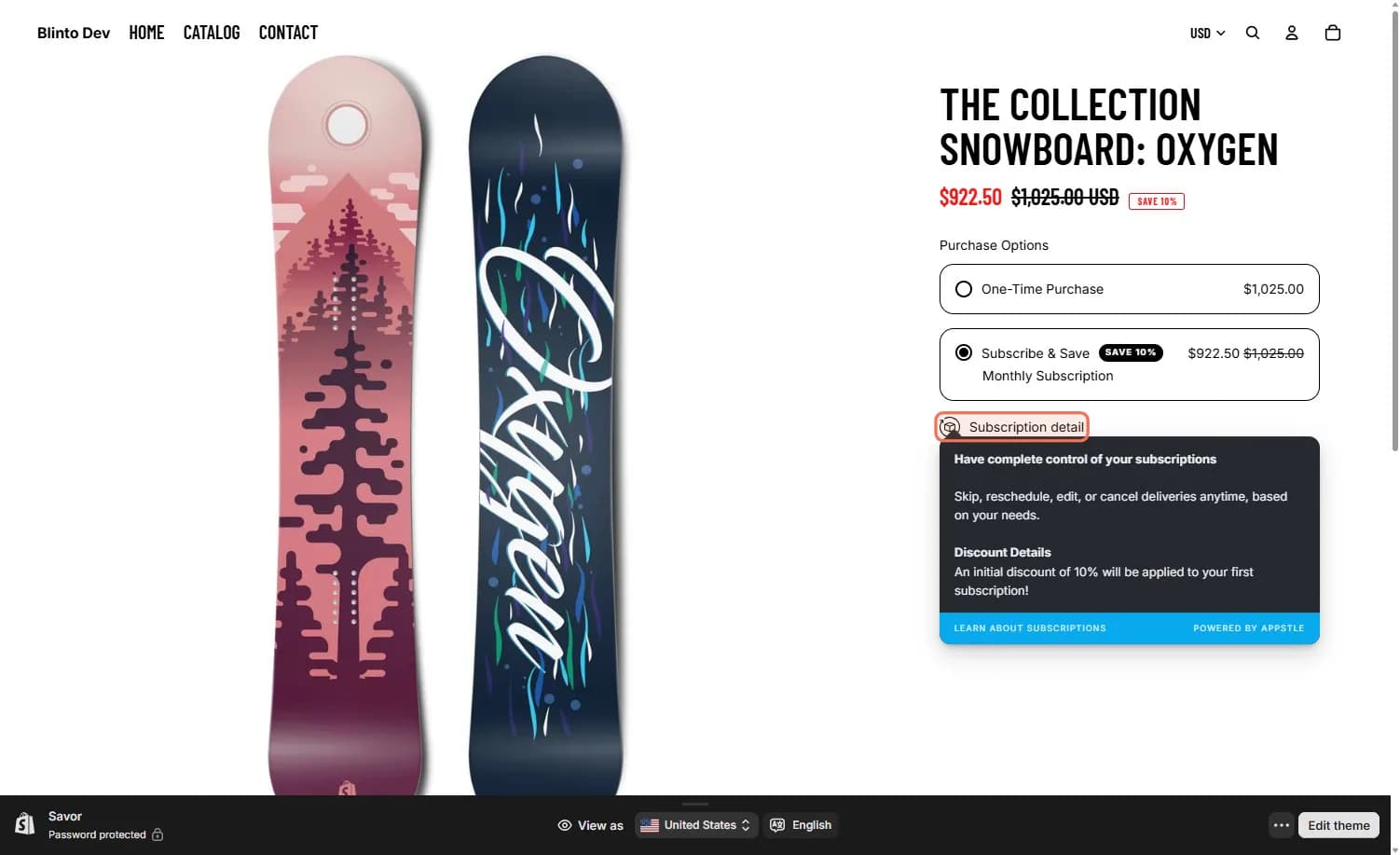 Shopify product page showing a selected monthly Appstle Subscribe and Save option with its subscription details open