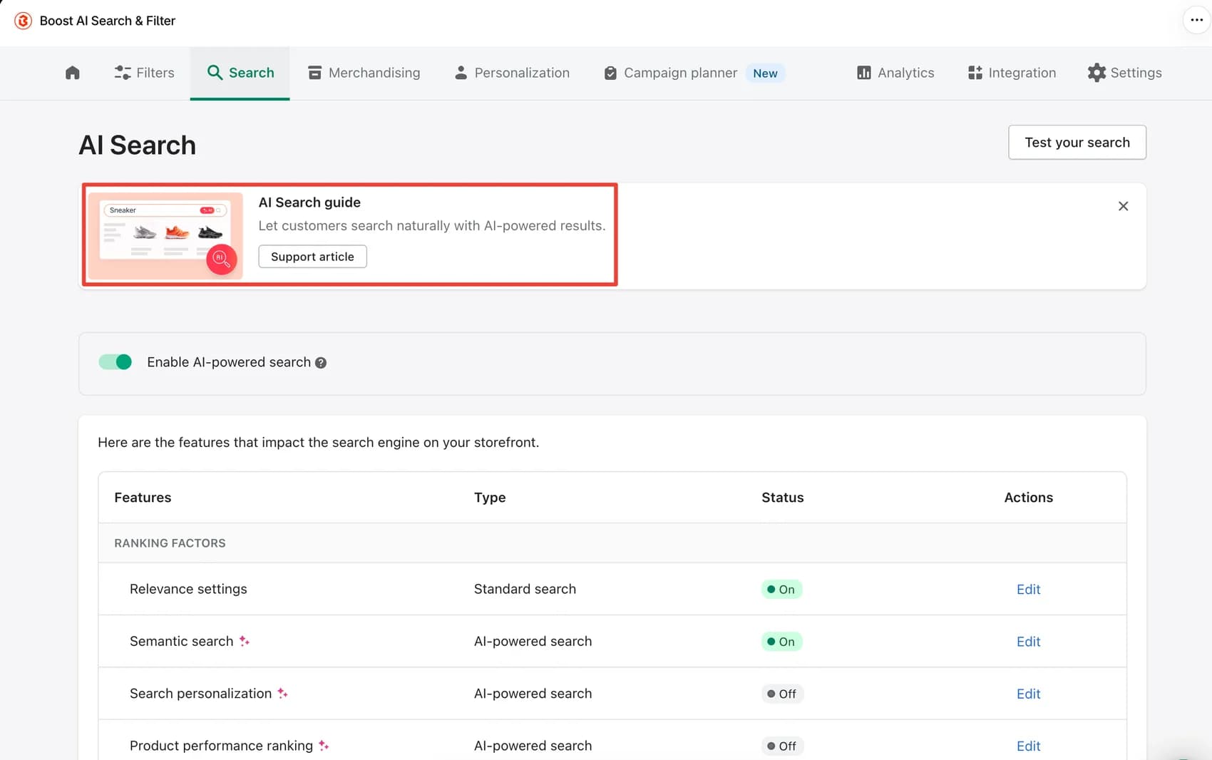 Boost AI Search settings with semantic search turned on and search personalization turned off