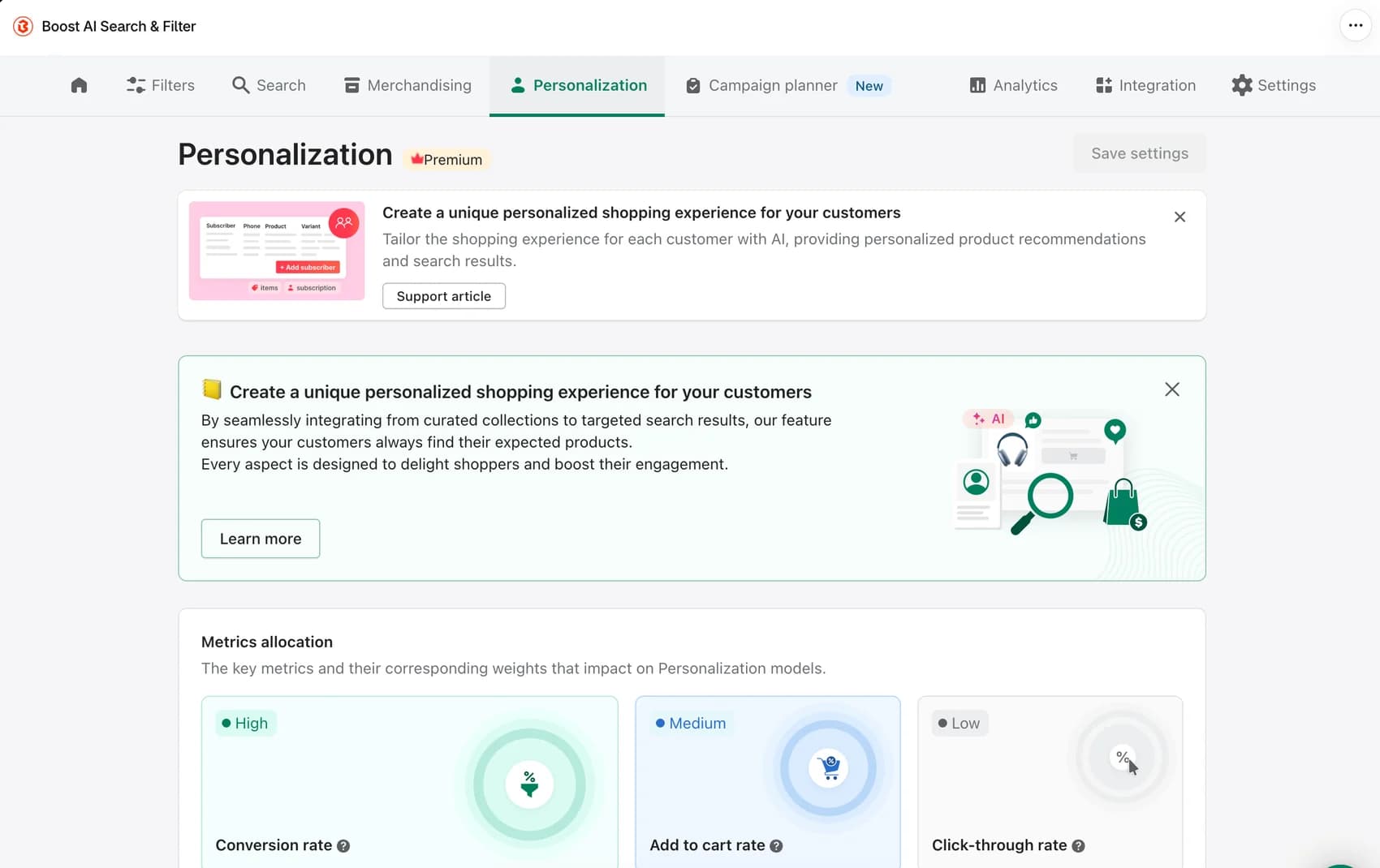 Boost Personalization page marked Premium, with conversion rate, add-to-cart rate, and click-through rate weightings