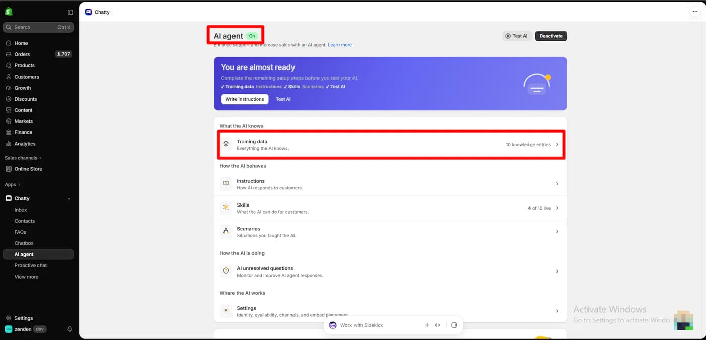 Chatty AI agent page showing the agent switched on, a setup banner with training data, skills and testing complete and instructions and scenarios still open, ten knowledge entries, and four of ten skills live