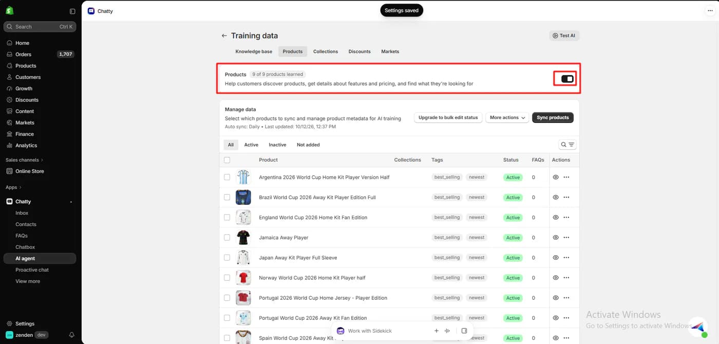 Chatty training data screen showing nine of nine products learned with daily auto sync, and every product tagged best selling and newest
