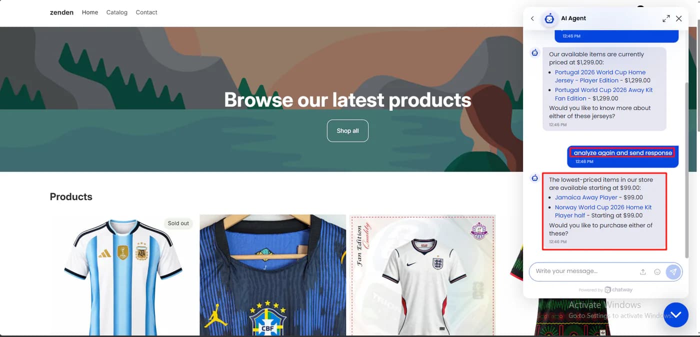 Chatway AI agent's second answer listing the Jamaica away jersey at 99 dollars and the Norway home jersey starting at 99 dollars, asking if the shopper wants to buy either
