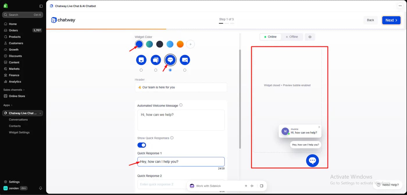 Chatway setup step one with widget colour options, four chat icons, a header, an automated welcome message, quick responses, and a live preview of the closed widget with a preview bubble