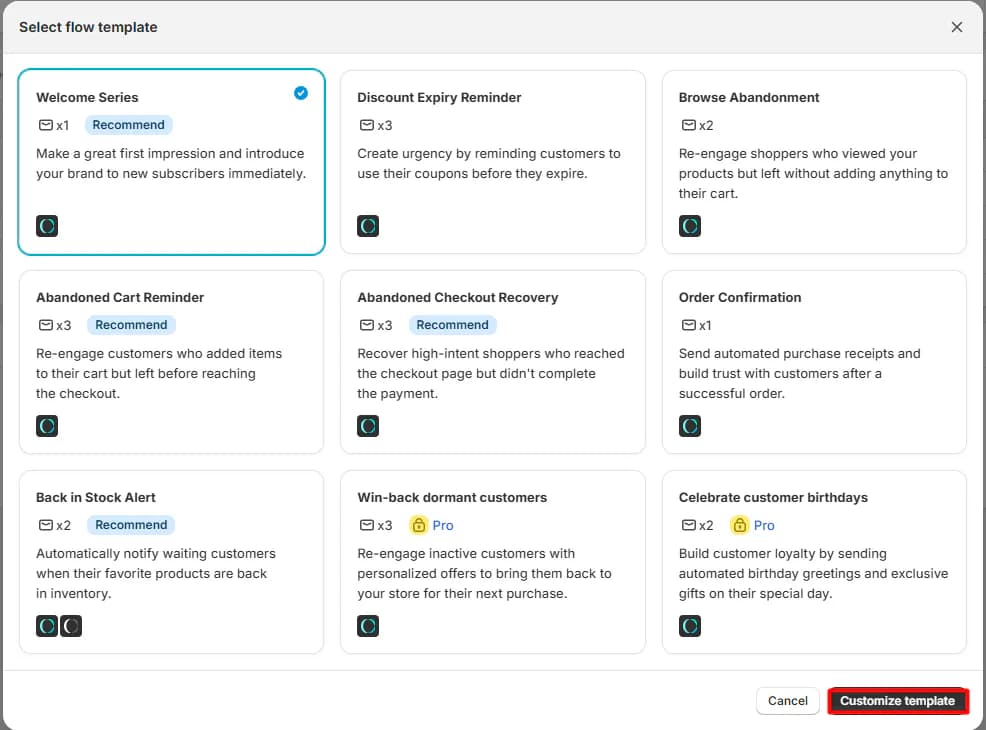 CWILL Select flow template window with nine templates, including Welcome Series, Abandoned Cart Reminder, Abandoned Checkout Recovery and Back in Stock Alert, with Win-back dormant customers and Celebrate customer birthdays marked Pro