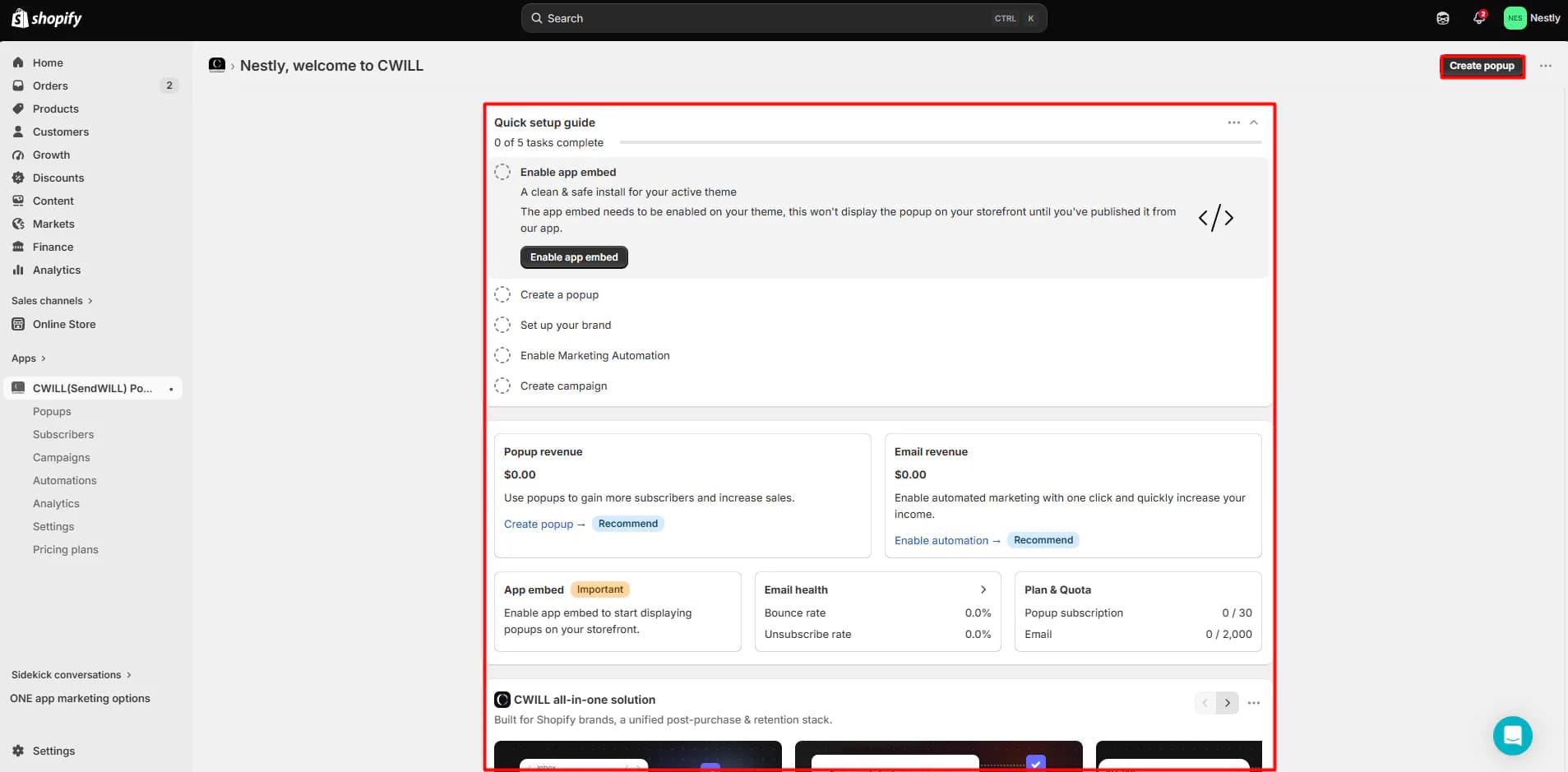 CWILL home dashboard with a quick setup guide showing 0 of 5 tasks complete, popup and email revenue cards, an app embed alert, email health, and a Plan & Quota card showing 0 of 30 popup subscribers and 0 of 2,000 emails