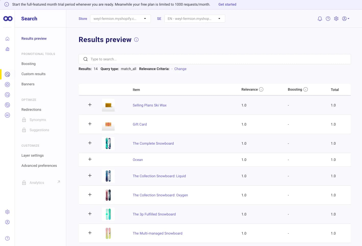 Doofinder Search panel showing the Results preview with 14 products scored by Relevance, Boosting and Total, and a side menu with Boosting, Custom results, Banners, Redirections, locked Synonyms and Suggestions, Layer settings and Advanced preferences