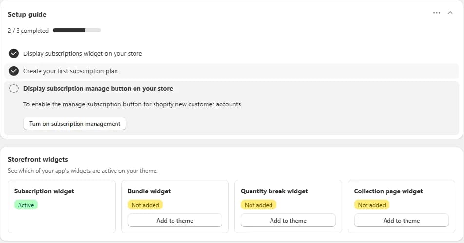 Easy Subscriptions dashboard showing the setup guide at 2 of 3 steps completed, with the subscription manage button step open, and the Storefront widgets panel with the Subscription widget active and the Bundle, Quantity break and Collection page widgets not added