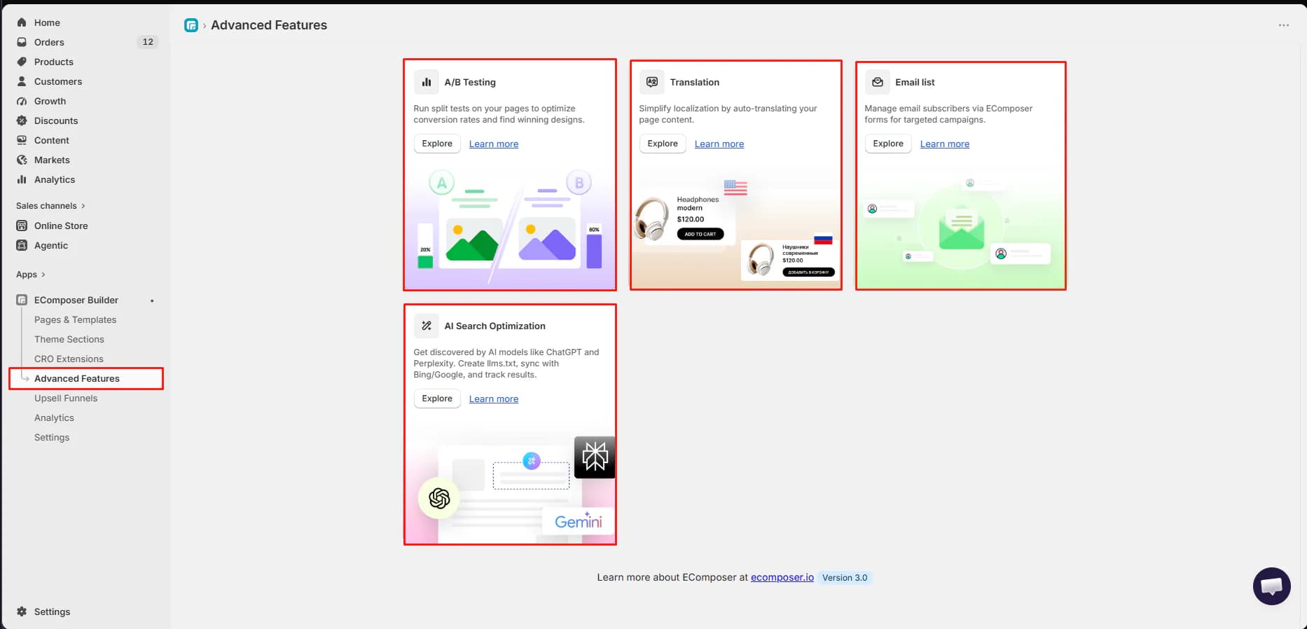 EComposer Advanced Features screen showing A/B Testing, Translation, Email list and AI Search Optimization