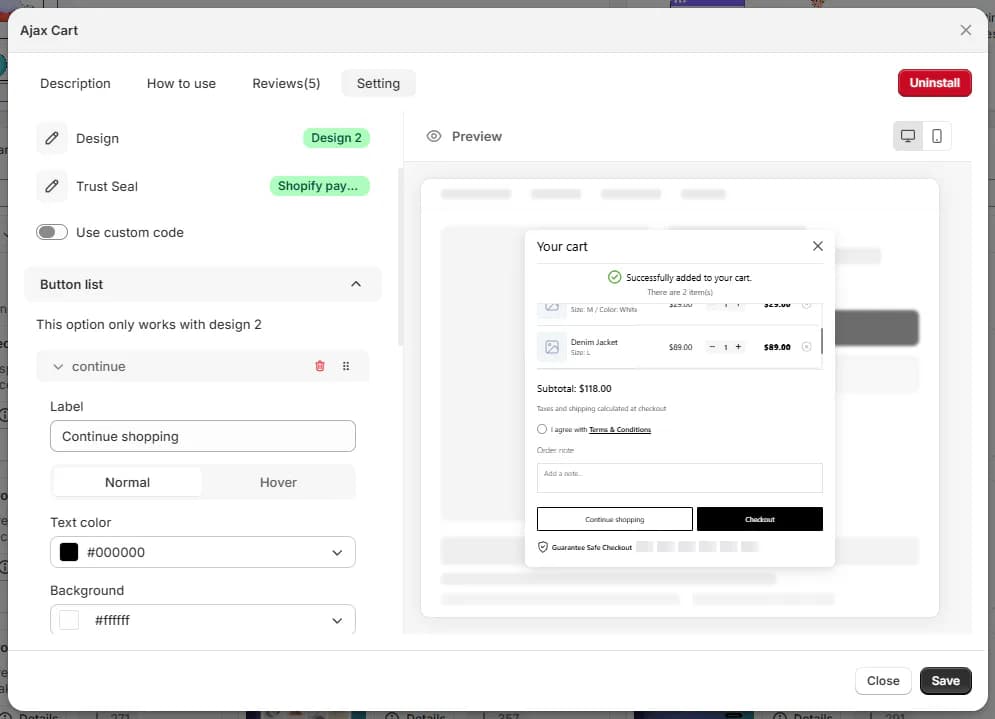 EComposer Ajax Cart settings showing design, trust-seal, custom-code and preview controls