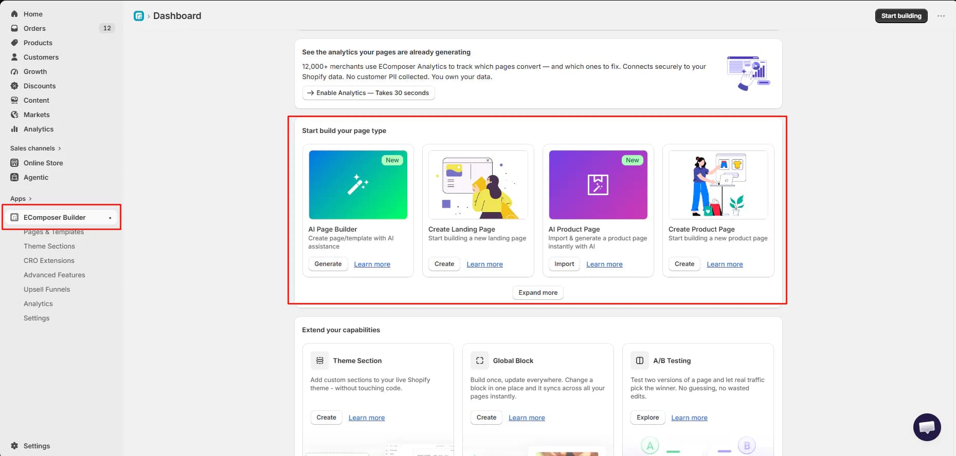 EComposer dashboard showing manual and AI-assisted page-building options