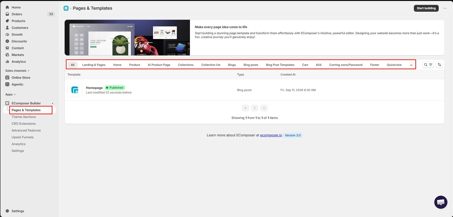 EComposer Pages and Templates screen showing page categories and a published item